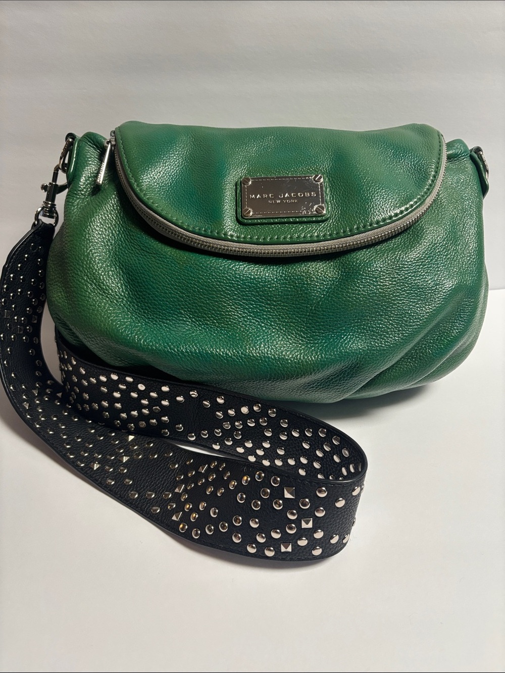 Marc Jacobs Green Pebbled Leather Crossbody with Studded Black Strap